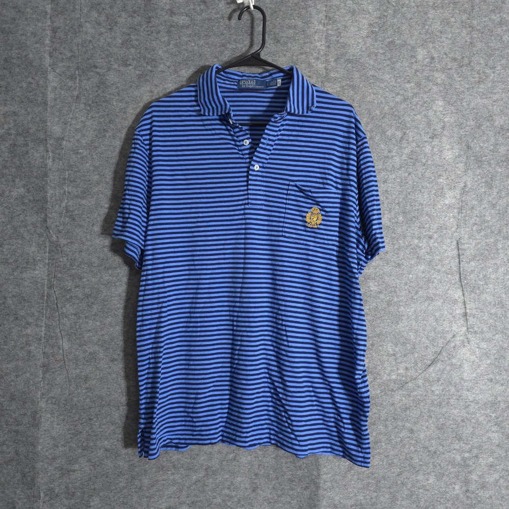 Polo Ralph Lauren Polo Shirt Mens Large Striped Crest Blue Cookie Patch Logo‎
